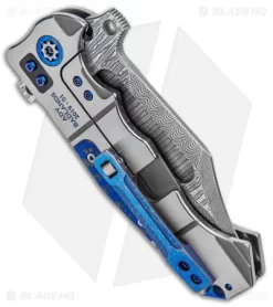 Andre De Villiers Custom Bowie Badlands Flipper Knife Blue CF (4" Damascus) -Knife Shop Andre de Villiers Custom Bowie Badlands Blue CF Damascus BHQ 99323 jr side