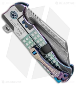 Andre De Villiers Custom War Hulk Flipper Knife VG10/Teal Frag (4" Damascus) -Knife Shop Andre de Villiers Custom War Hulk VG10 Teal Frag Damascus BHQ 94637 jr side