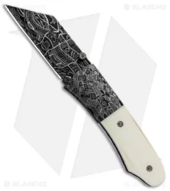 Burr Oak Knives Mini Combat Utility Knife Walrus Ivory (2.5" Mosaic Damascus)