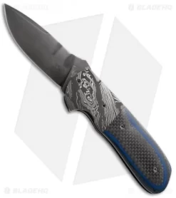 Burr Oak Knives Flipper #1 Knife Blue G-10/Carbon Fiber (3.75" Gray)