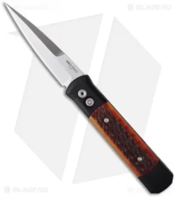 Pro-Tech Godfather Automatic Knife Black W/ Amber Jig Bone (4" Satin) 961